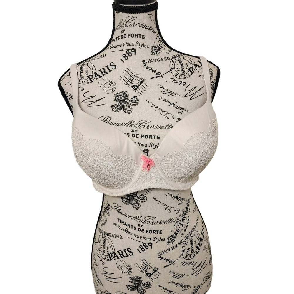 Victoria's Secret Body by Victoria Lined Demi Lace Bra 34DD Ivory Pink Bow
